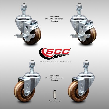 Service Caster 3 Inch SS High Temp Phenolic Swivel 12mm Threaded Stem Caster Brakes, 2PK SCC-SSTS20S314-PHSHT-M1215-2-TLB-2
